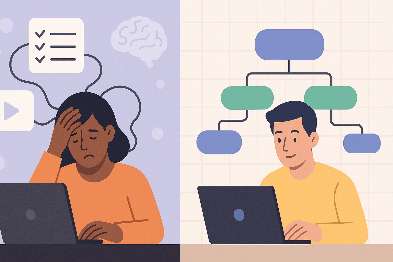 Diagram showing cognitive overload when watching tutorials - working memory trying to process visual info, audio instructions and planning simultaneously
